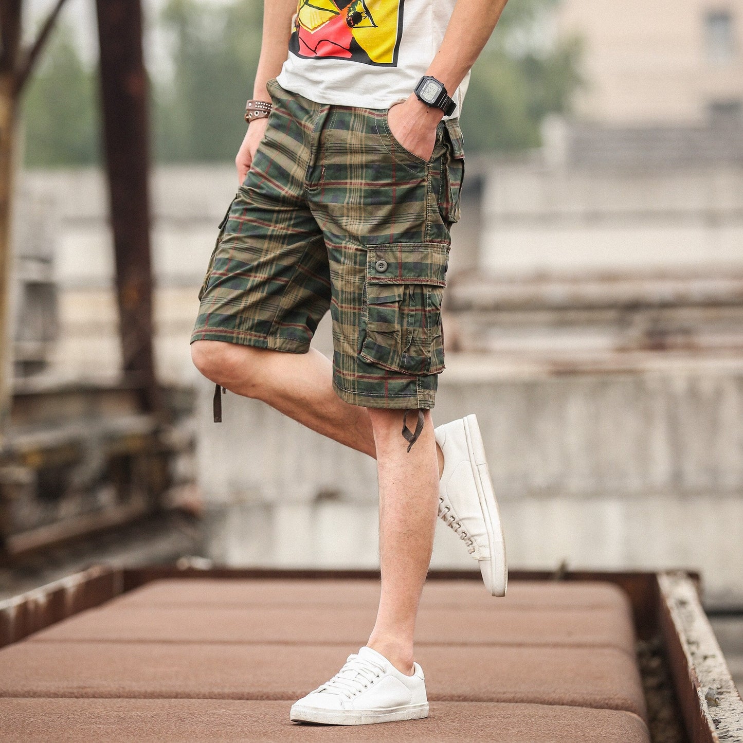 Summer Cotton Comfortable Plaid Outdoor Sports Beach Cargo Pants Shorts Loose