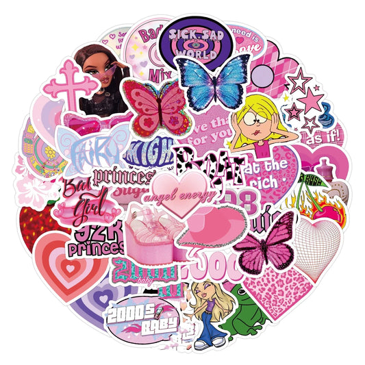 Cute Pink Y2K Aesthetic Stickers Pack - Kawaii Vinyl Decals for Laptop, Water Bottle, Phone Case & Skateboard (10/30/60 Pcs)
