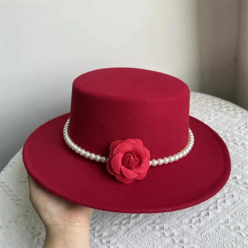Women's Fashionable Fedora Hat 10CM Wide Brim Flat Top Felt Hats For Wedding And Jazz
