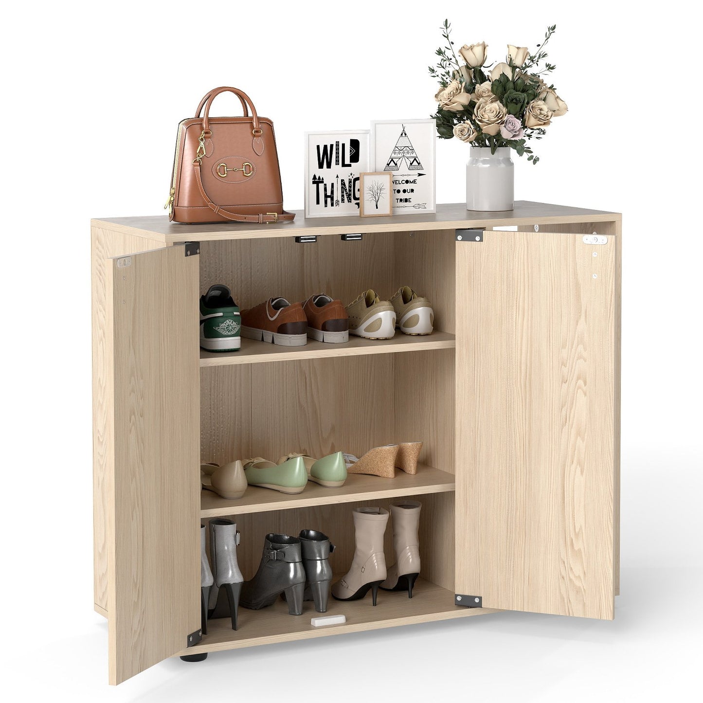 3-Tier Shoe Cabinet with Doors and Adjustable Open Shelves-White
