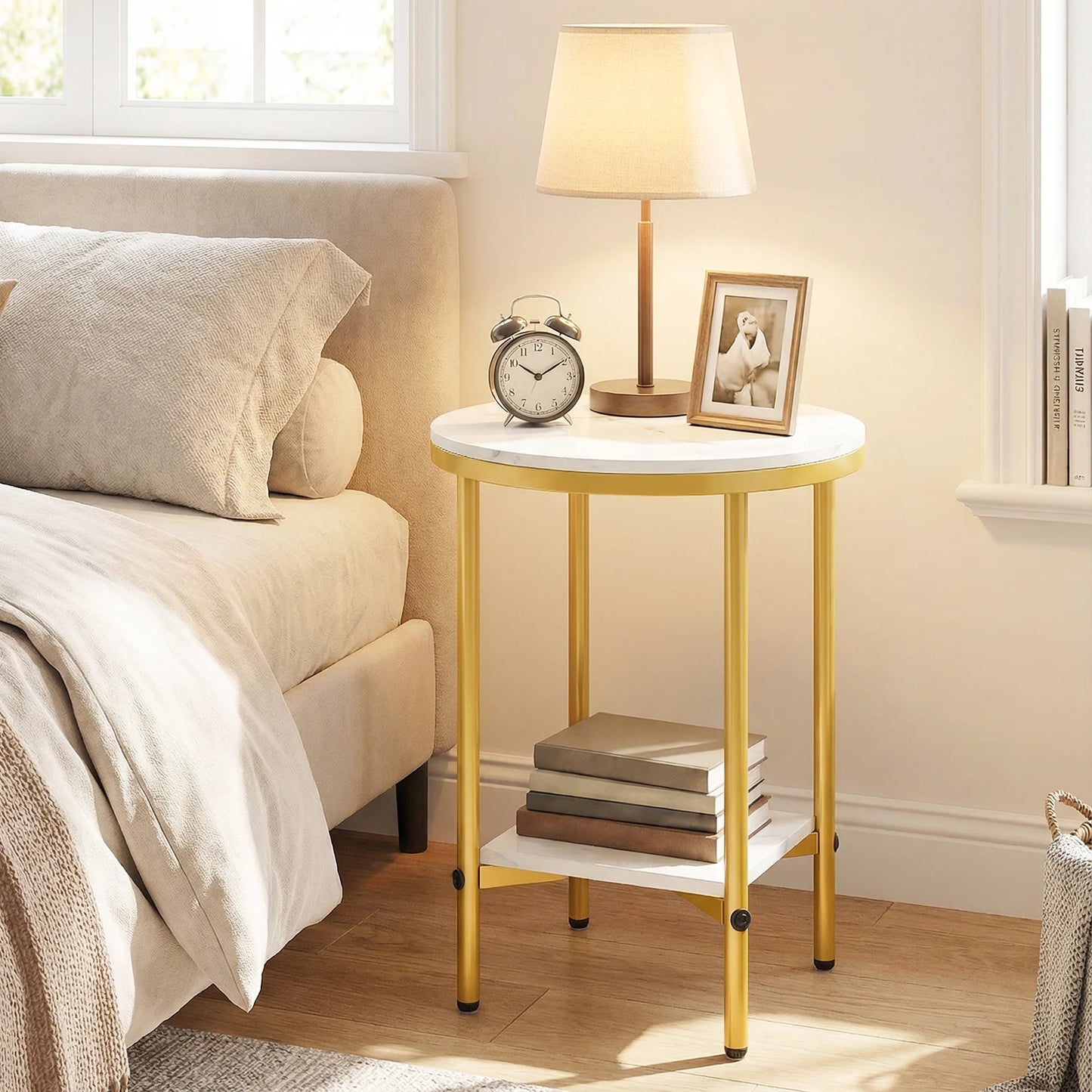 Side Table Modern Round End Table with Faux Marble Top and Bottom Storage Shelf-Black