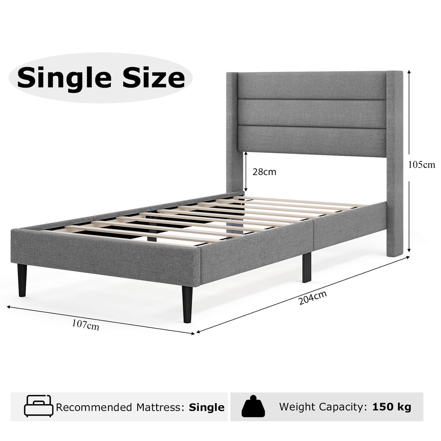 Single/Double Size Bed Frame with Wingback Headboard and Wooden Slats Support-Grey-Double Size