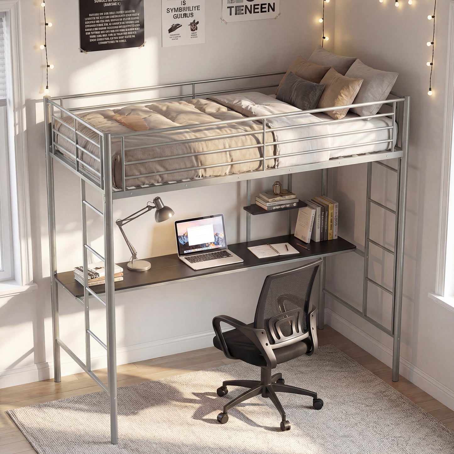 Single Size Loft Bed with Desk and Shelves Metal Loft Bed Frame-Black