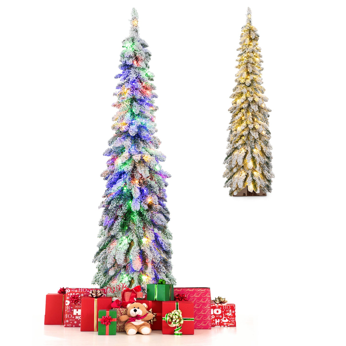 Snow-Flocked Slim Pencil Christmas Tree with 11 Lighting Modes-4FT