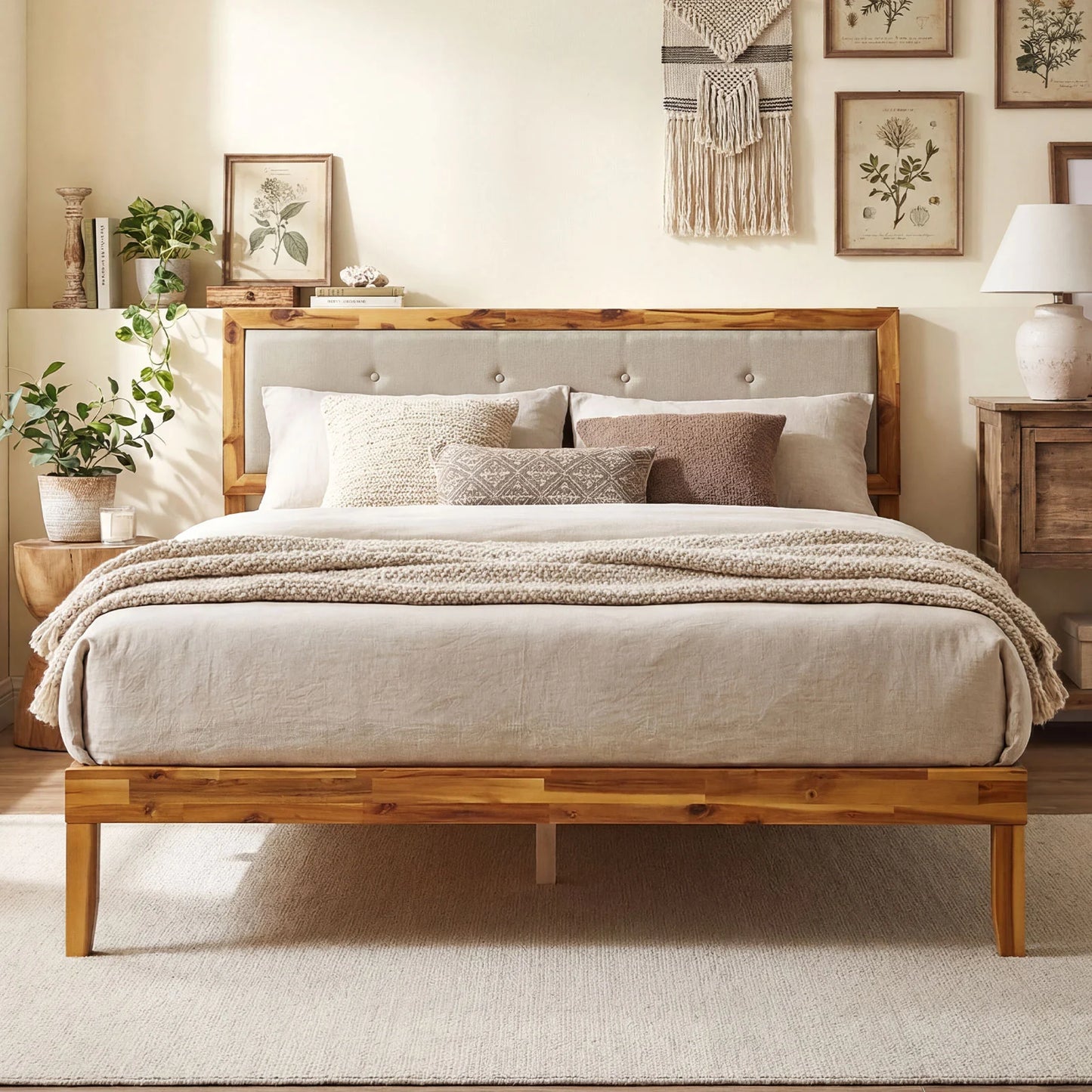 Solid Acacia Wood Bed Frame with Tufted Headboard and Ample Under-bed Space-Full Size