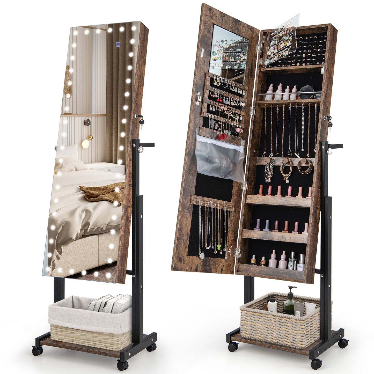 Lockable Jewelry Armoire Organizer with 3-Color Dimmable LED Full-Length Mirror-White