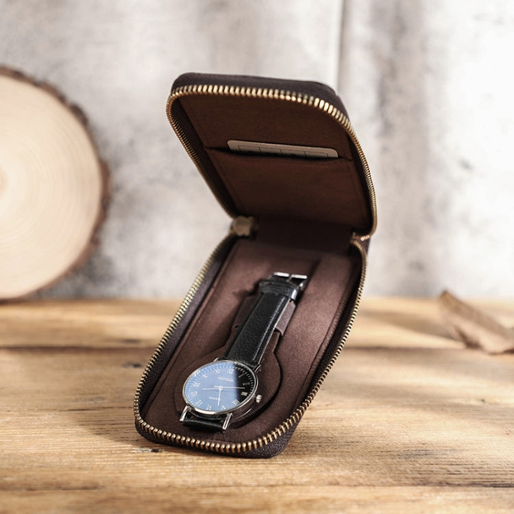 Contacts Family CF1121 Retro Crazy Horse Leather Watch Storage Box Single Watch Seat Portable Watch Zipper Bag(Coffee)