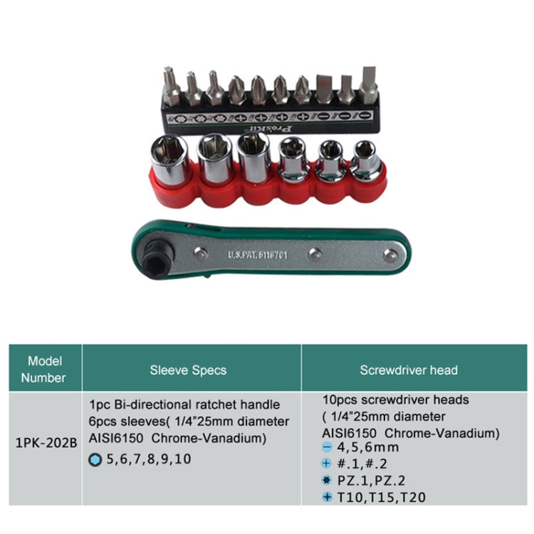 ProsKit 1PK-202B 16 In 1 Socket Driver Head Ratchet Wrench Set