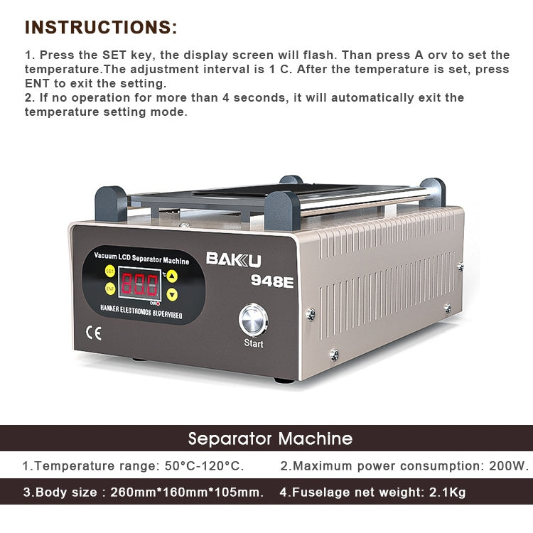 BAKU BA-948E Mobile Phone Liquid Crystal Separation Machine Flat Display Separator Heating Board, BA-948E 220V, BA-948E 110V