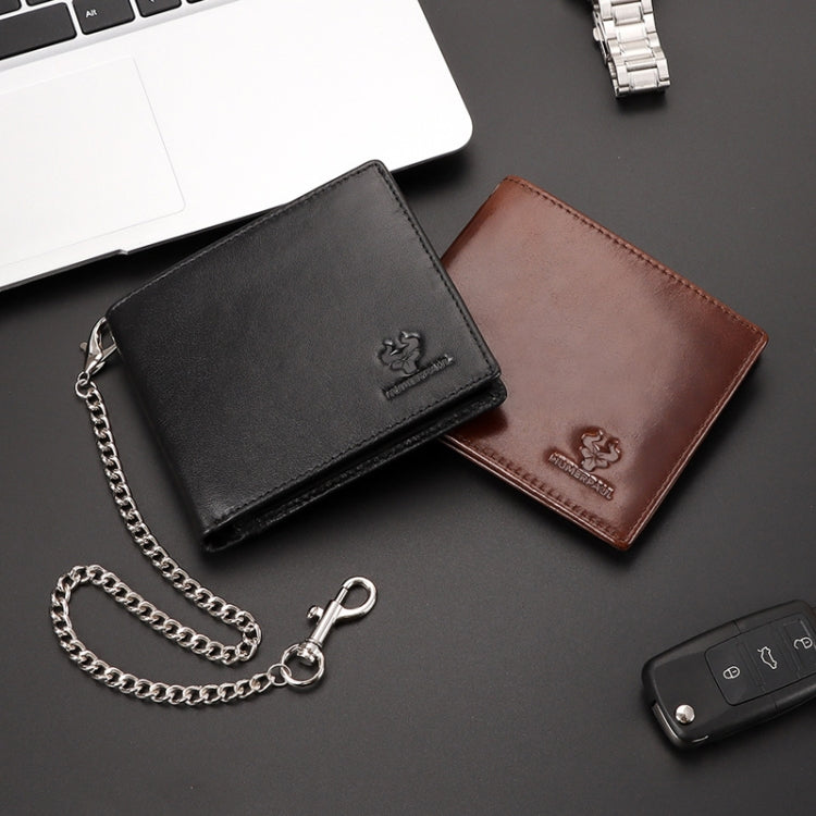 HUMERPAUL RFID Anti-Magnetic Men Pickup Card Bag Metal Chain Short Leather Wallet, Color: Coffee