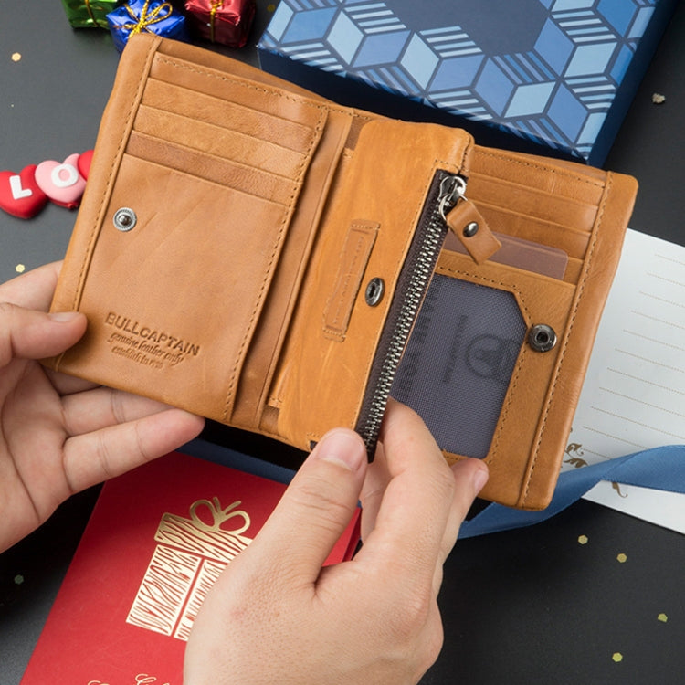 BULL CAPTAIN 03 Large-capacity Folding Multi-card Slot Cowhide Zipper Wallet Coin Clip(Brown)