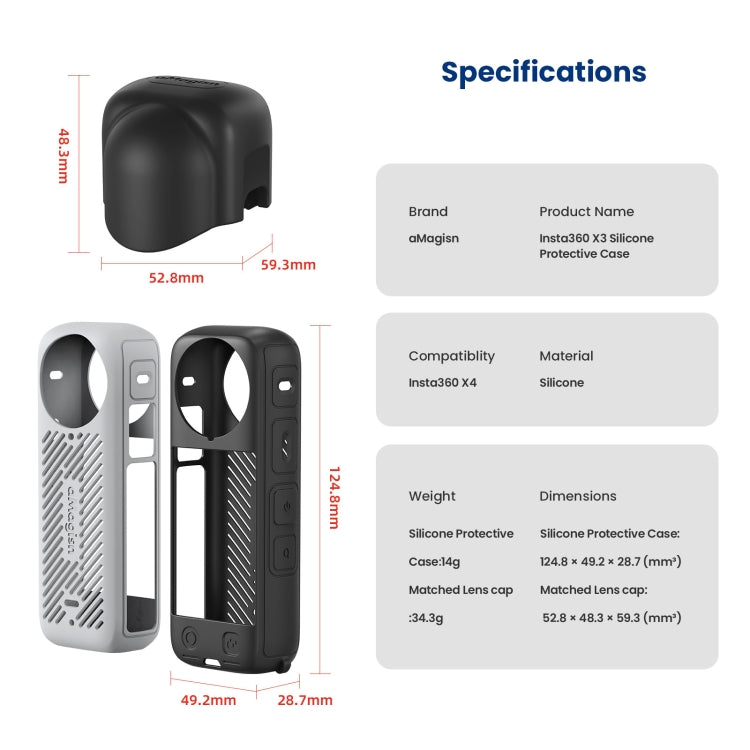 For Insta360 X4 AMagisn Silicone Protective Cover Body Case + Lens Cover Black