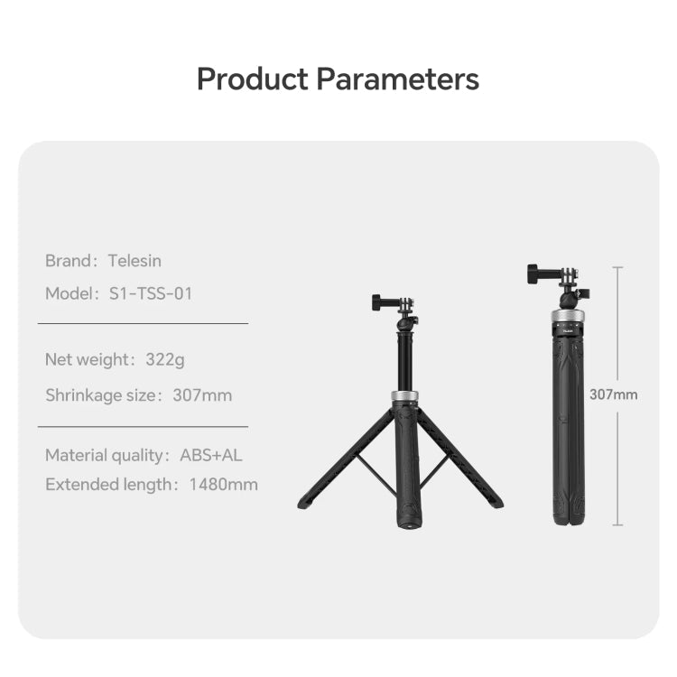 TELESIN 360 Degree Rotation 1.5m Selfie Stick Foldable Tripod For GoPro Hero / Insta360 / DJI Osmo Action(Black)