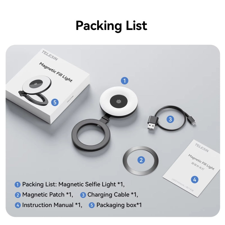 TELESIN Magnetic Selfie Light Rechargeable Foldable Fill Light For Mobile Phone