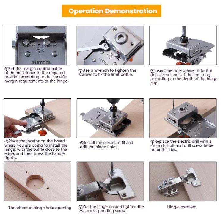 6 In 1 RUITOOL Stainless Steel Hinge Puncher Locator Adjustable Margin Quick Jig Woodworking Closet Door Hinge Punching Tool