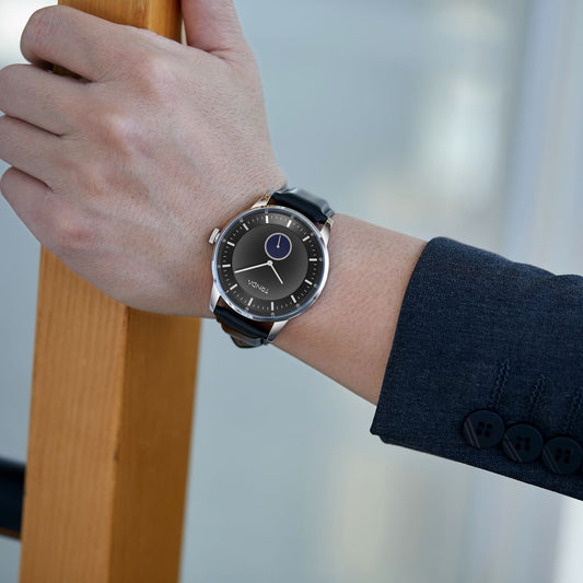 Trnda Men's Stainless Steel Watch, Black Leather Band | Trn-43sl