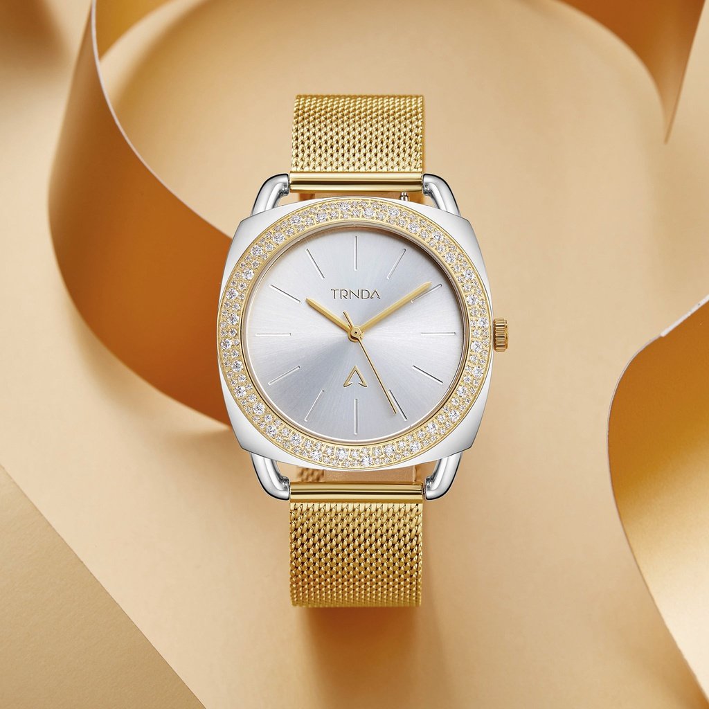 Trnda Women's Stainless Steel Gold Mesh Watch, Silver Dial | Trnda-35.8