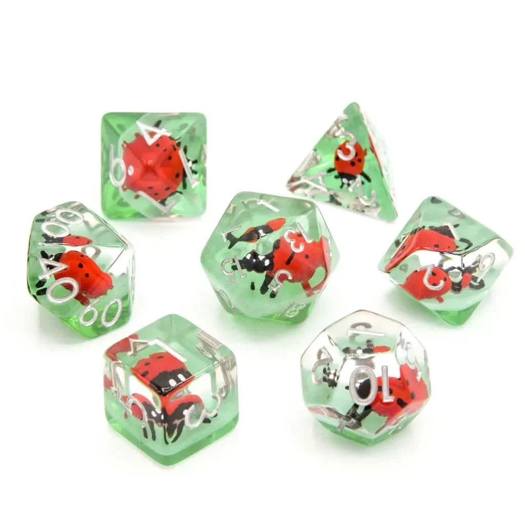Red Ladybugs | Soft Edge Dice | Resin | 7 Piece Set