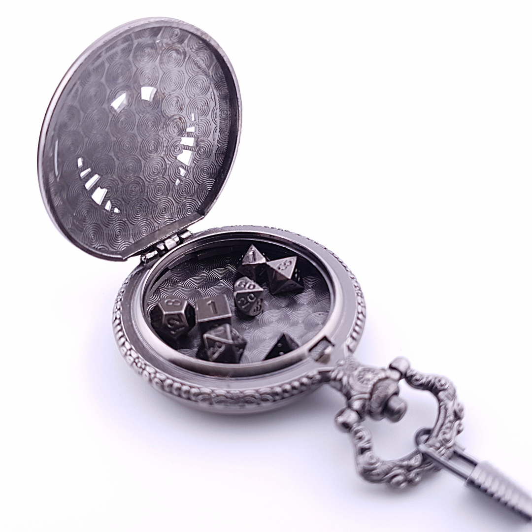 Fatebound Vault | Pocket Watch Dice Case | Mini Dice | Ancient Silver