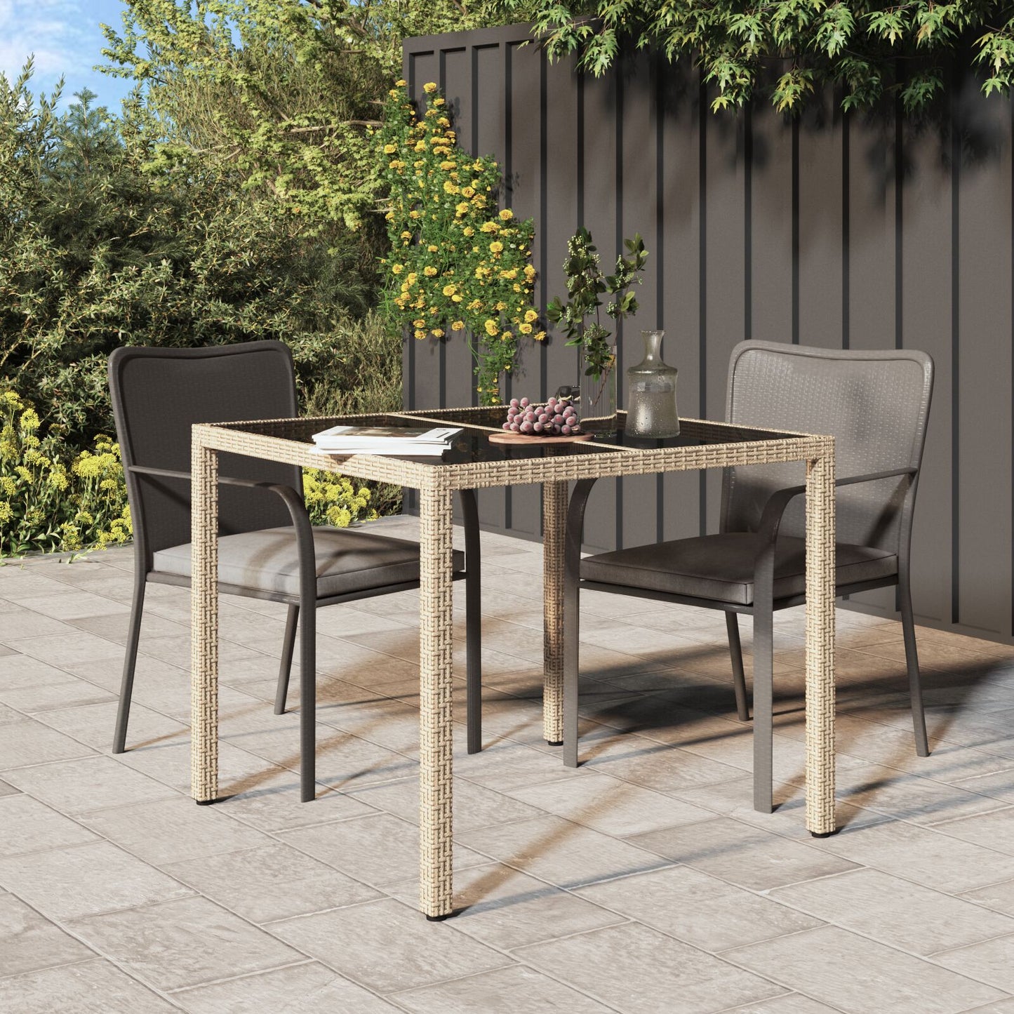 Outdoor Patio Poly Rattan Square Garden 4 Person Dining Table With Glass Top