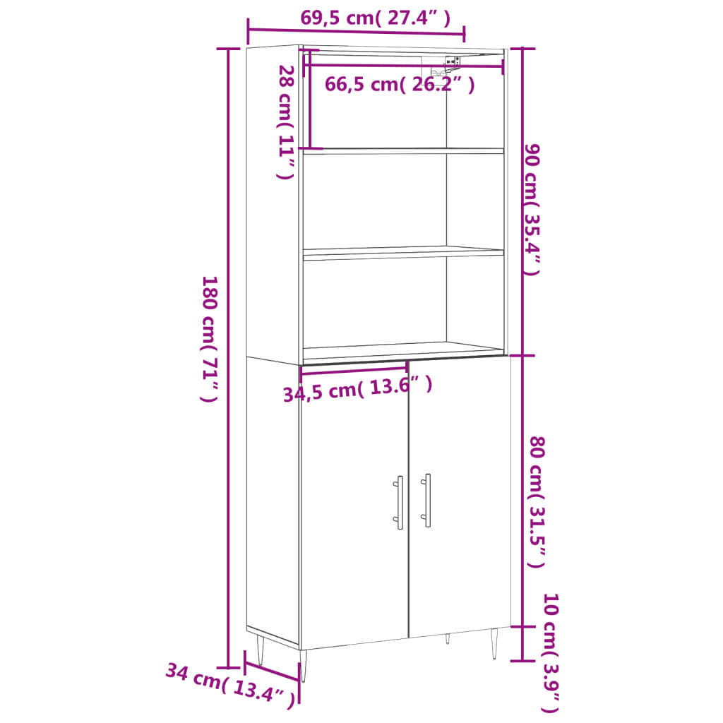 Highboard Concrete Grey 69.5x34x180 cm Engineered Wood