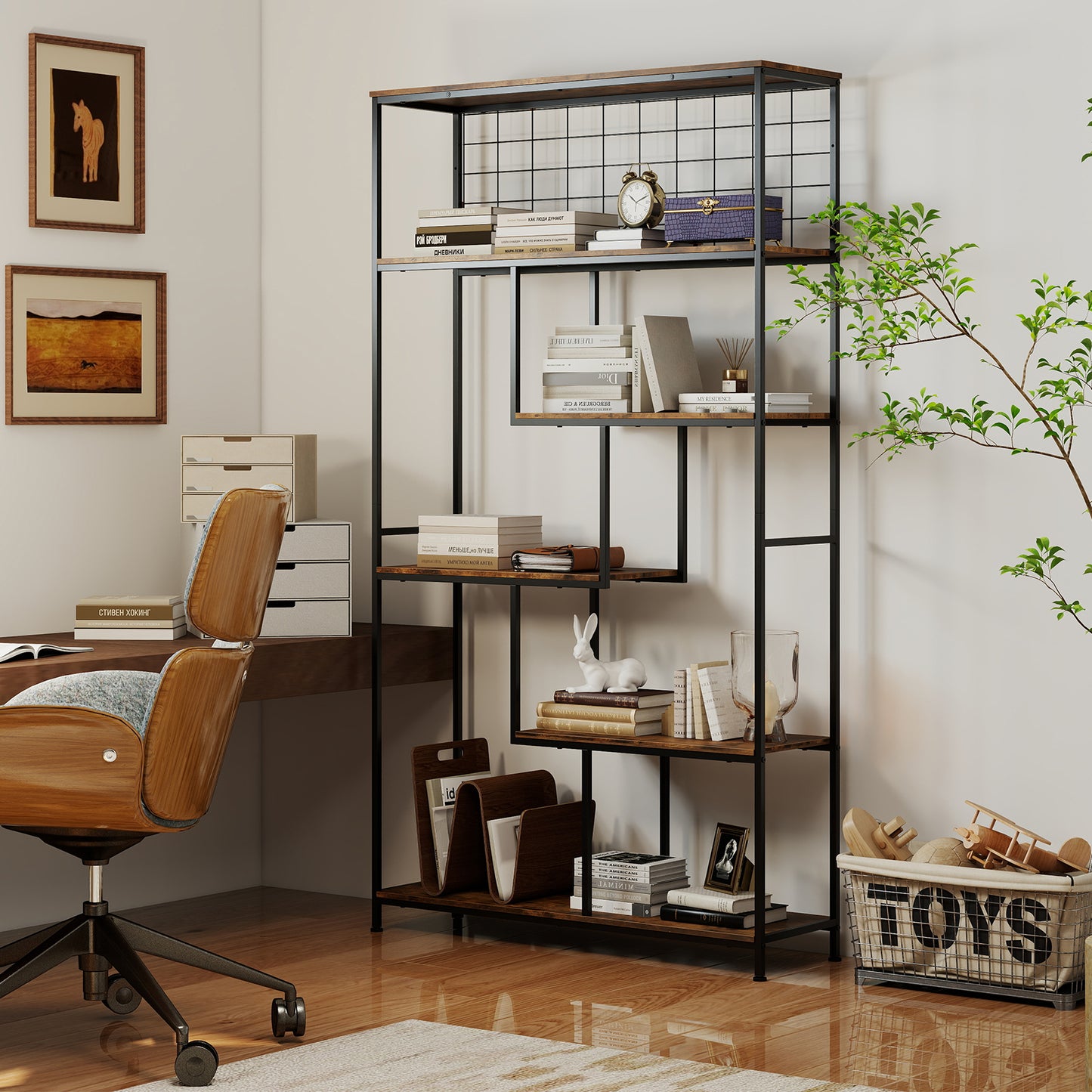 6-tier Tall Bookshelf with Metal Net for Living Room-Rustic Brown