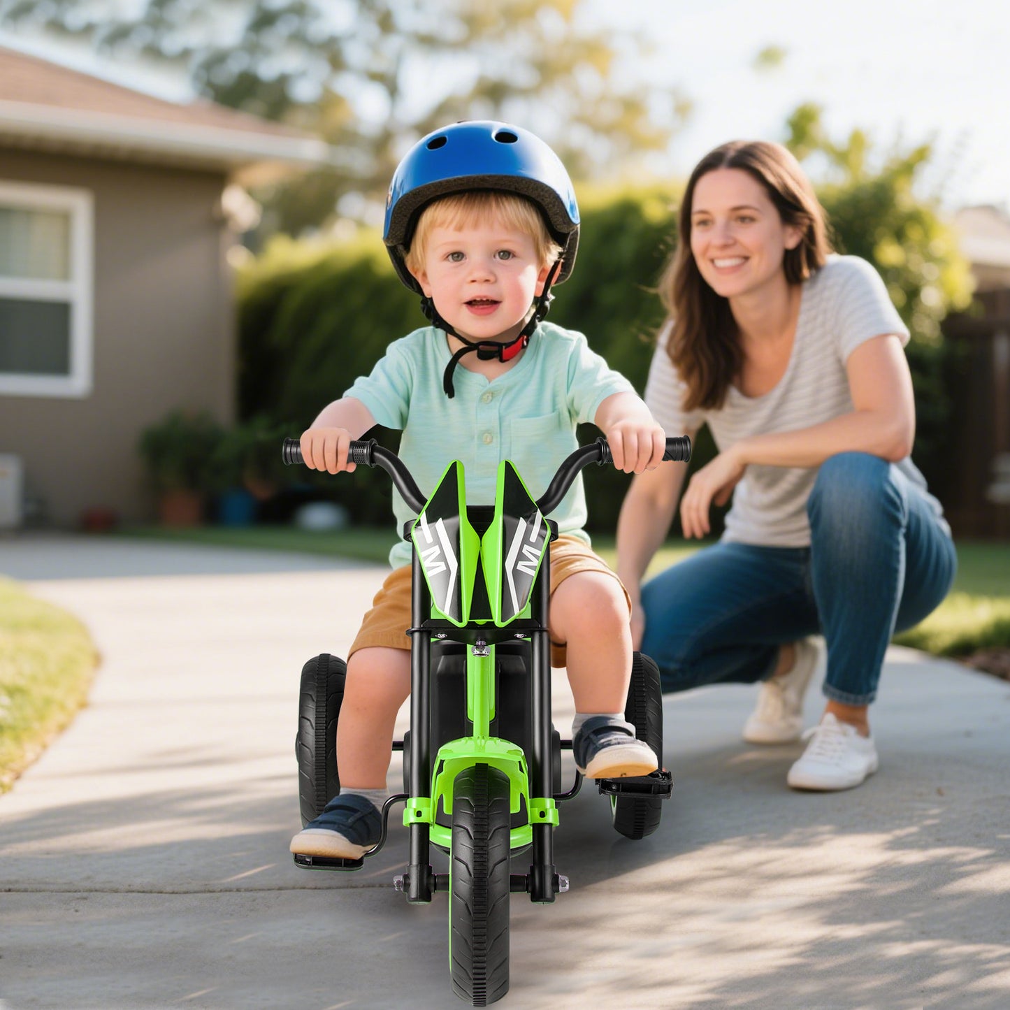 3-Wheel Toddler Bike with Foot Pedals and Steering Handlebars-Green