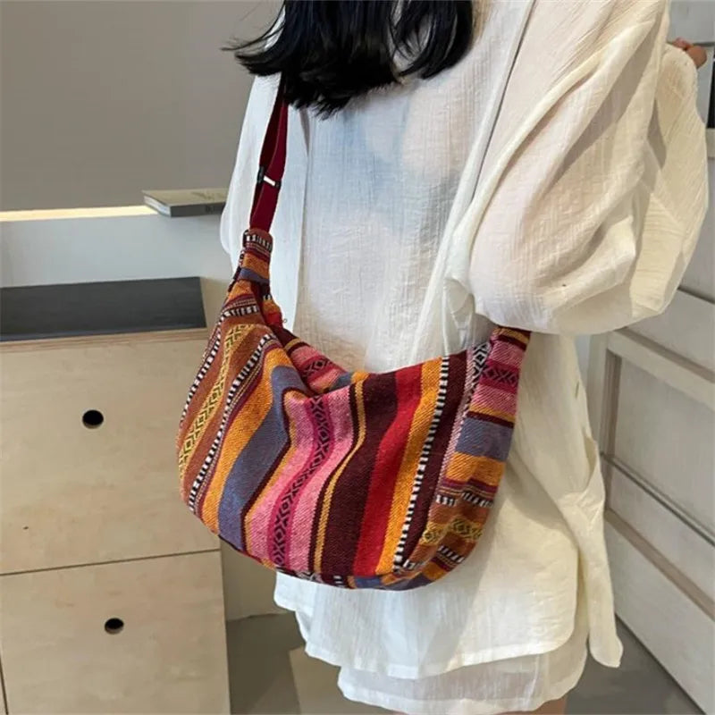 Tribal Style Shoulder Bag - Crossbody Zipper Closure, Striped Pattern Handbag