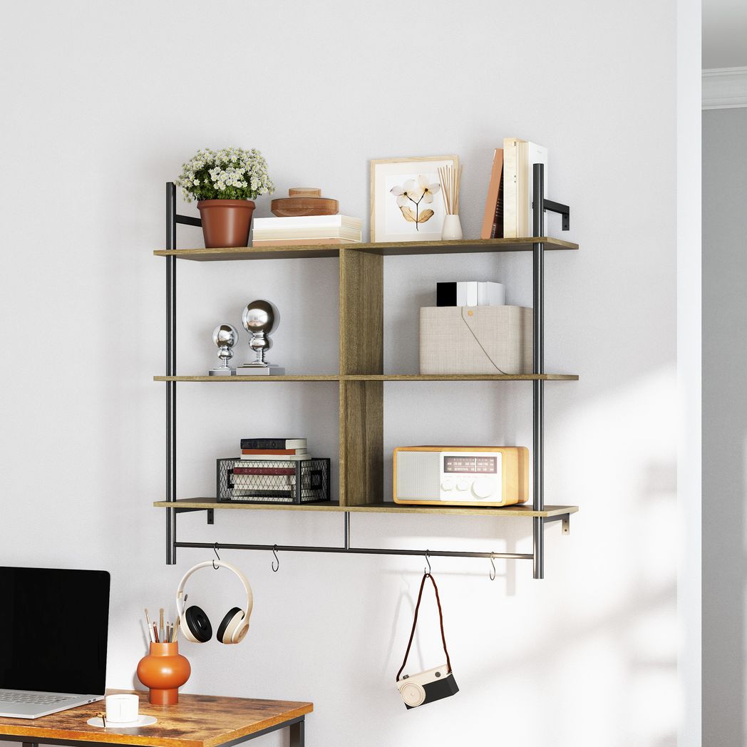 HOMCOM Wall Shelf Unit with 4 Hooks for Living Room Grey Wood Effect