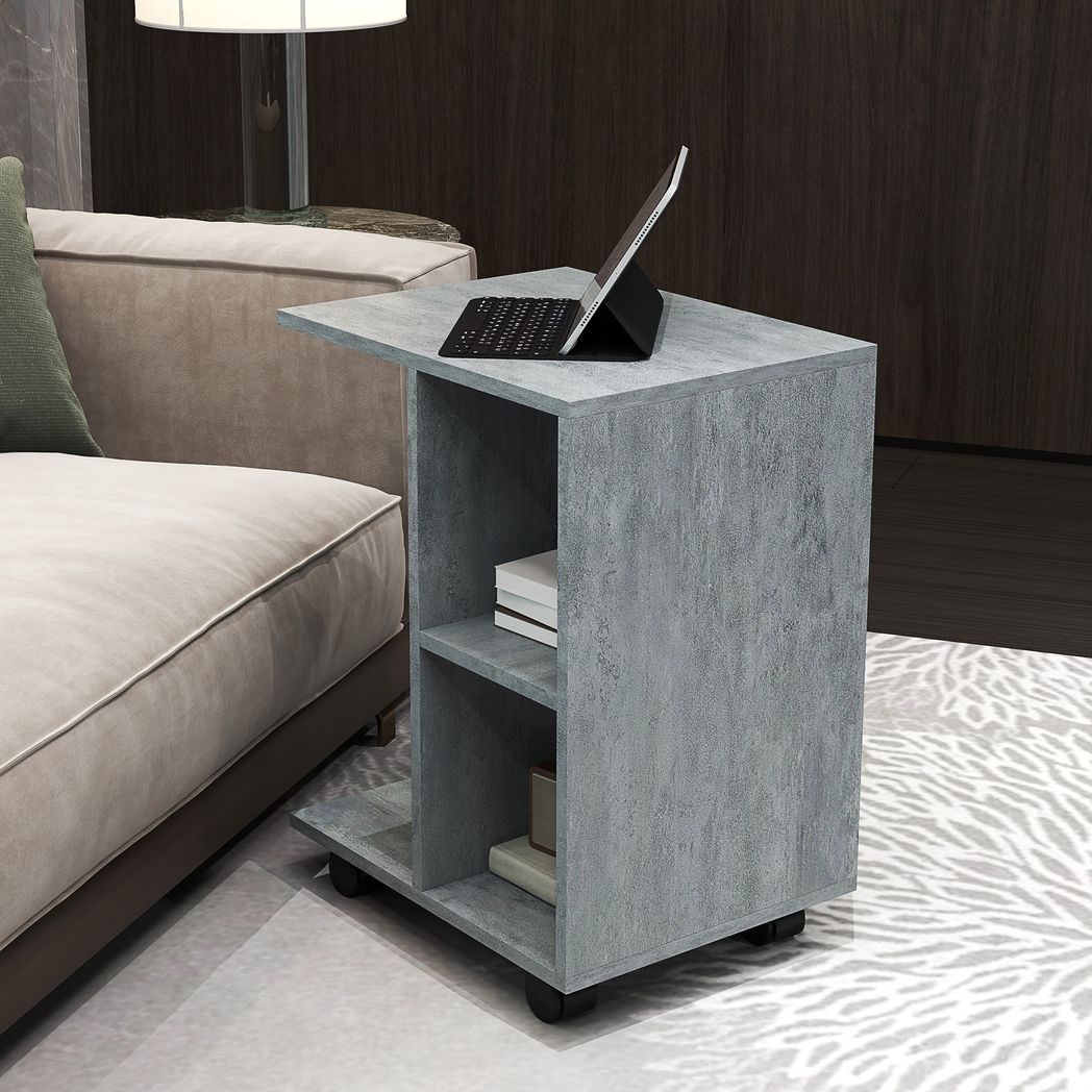 HOMCOM C-Shape End Table Storage Unit w/ 2 Shelves 4 Wheels Home Office