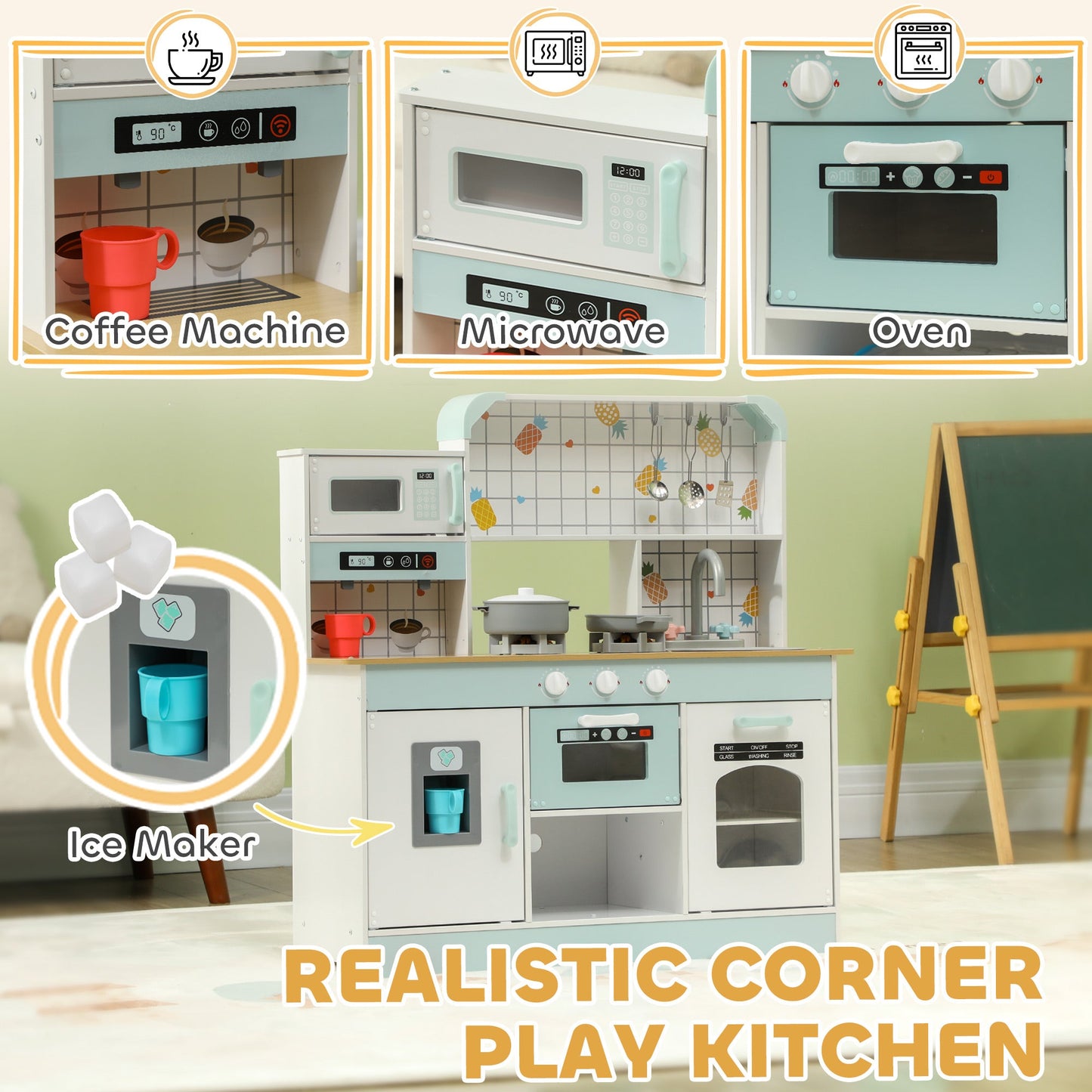 AIYAPLAY Toy Kitchen, Pretend Role Play Kitchen with Hob, Sound and Light, Coffee Machine, Ice Maker, Microwave, Oven, Storage Space, for Boys and Girls Aged 3+ Years