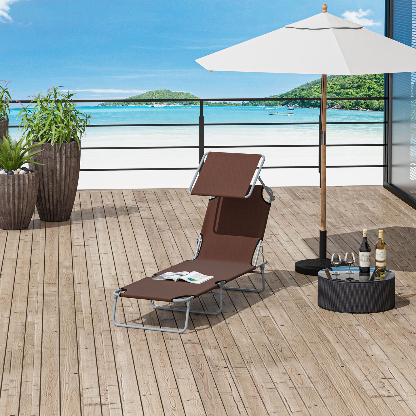Reclining Chair Folding Lounger Seat Sun Shade Awning Beach Garden