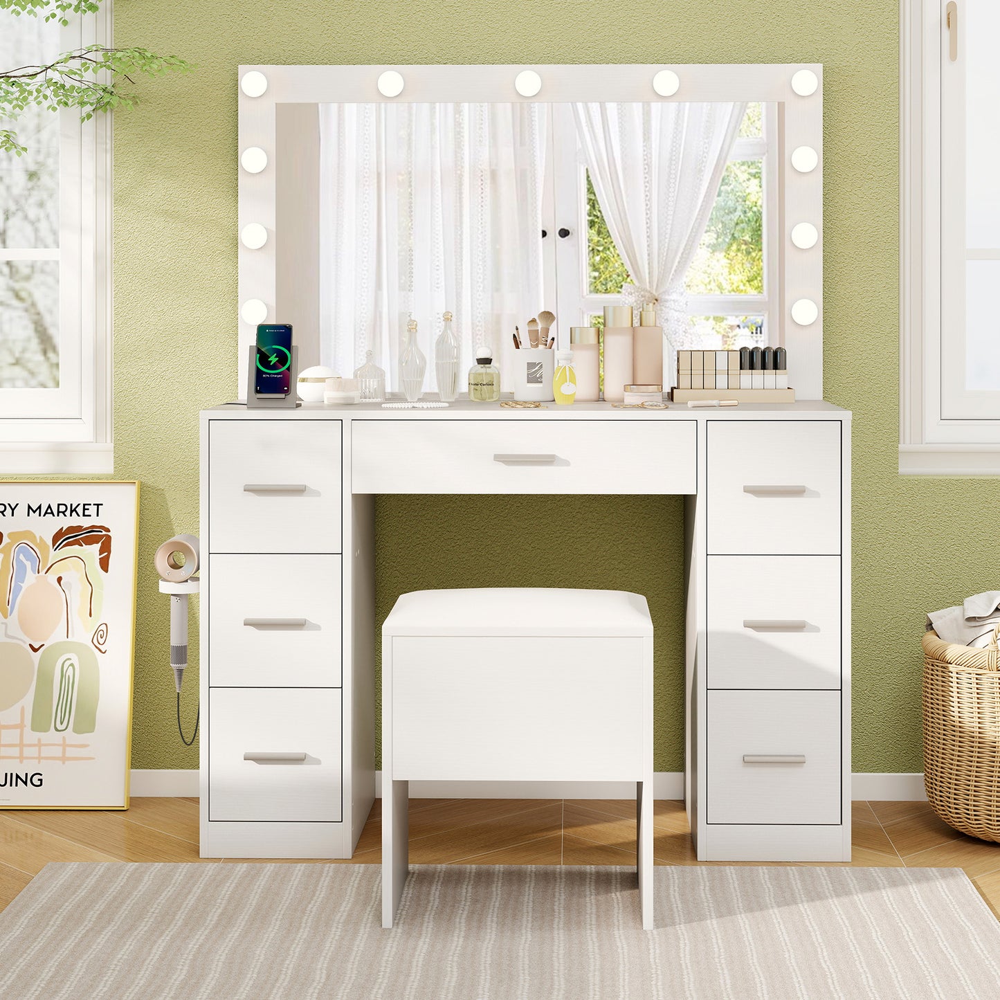 Vanity Desk with Mirror and Lights Makeup Table Set with Storage Stool-White