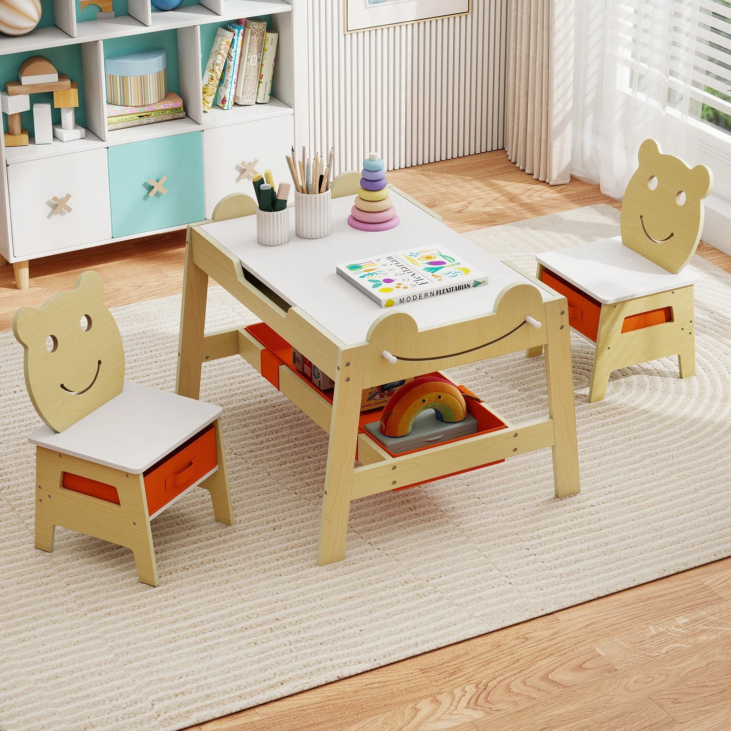 Versatile Kids Table and 2 Chairs Set Wooden Activity Table with Detachable Double-sized Tabletop for boys and girls-Grey