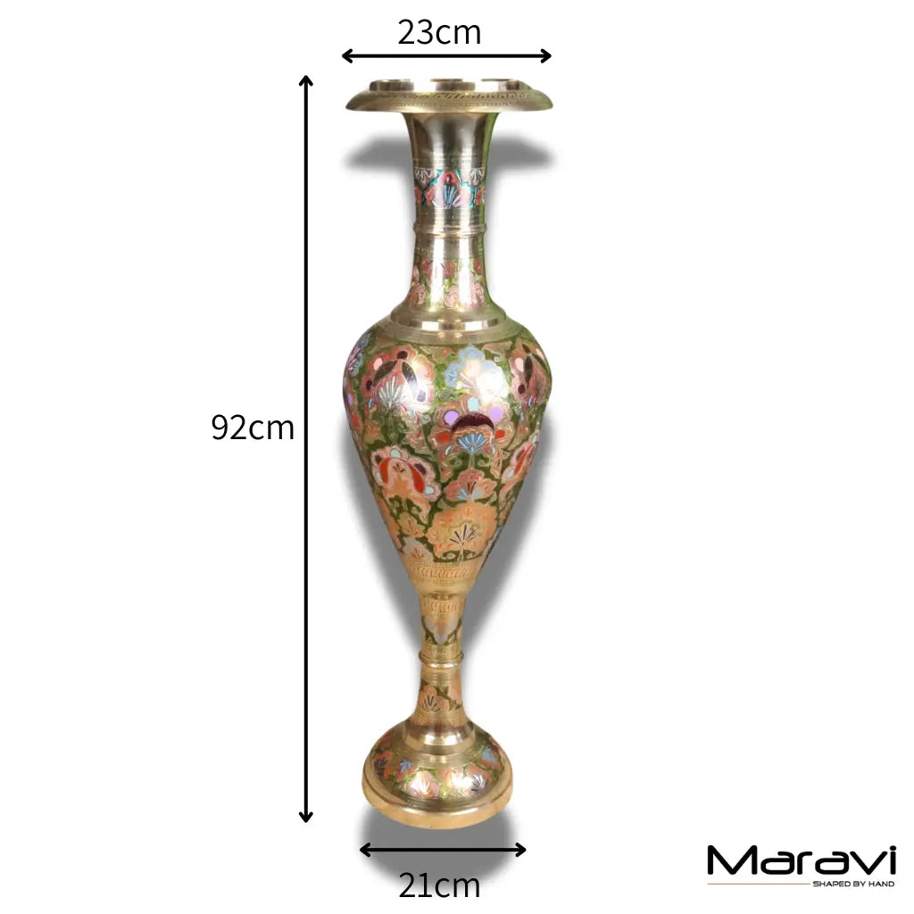 Vintage 92cm Large Brass Vase Hand Painted and Etched - Pink and Green