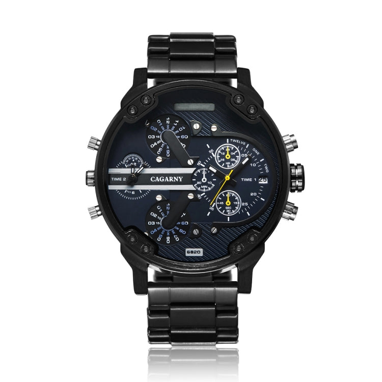 CAGARNY 6820 Fashionable Business Style Large Dial Dual Time Zone Quartz Movement Wrist Watch with Stainless Steel Band & Calendar Function for Men((Black Steel Band Blue Window), Black Steel Band Blue Window, Steel Band White Window