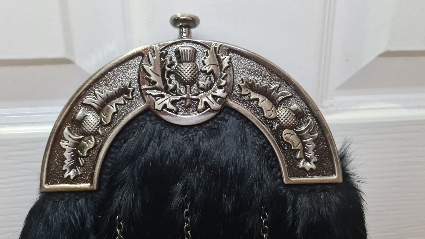 Black Rabbit Full Dress Sporran With Antique Thistle Celtic Cantle