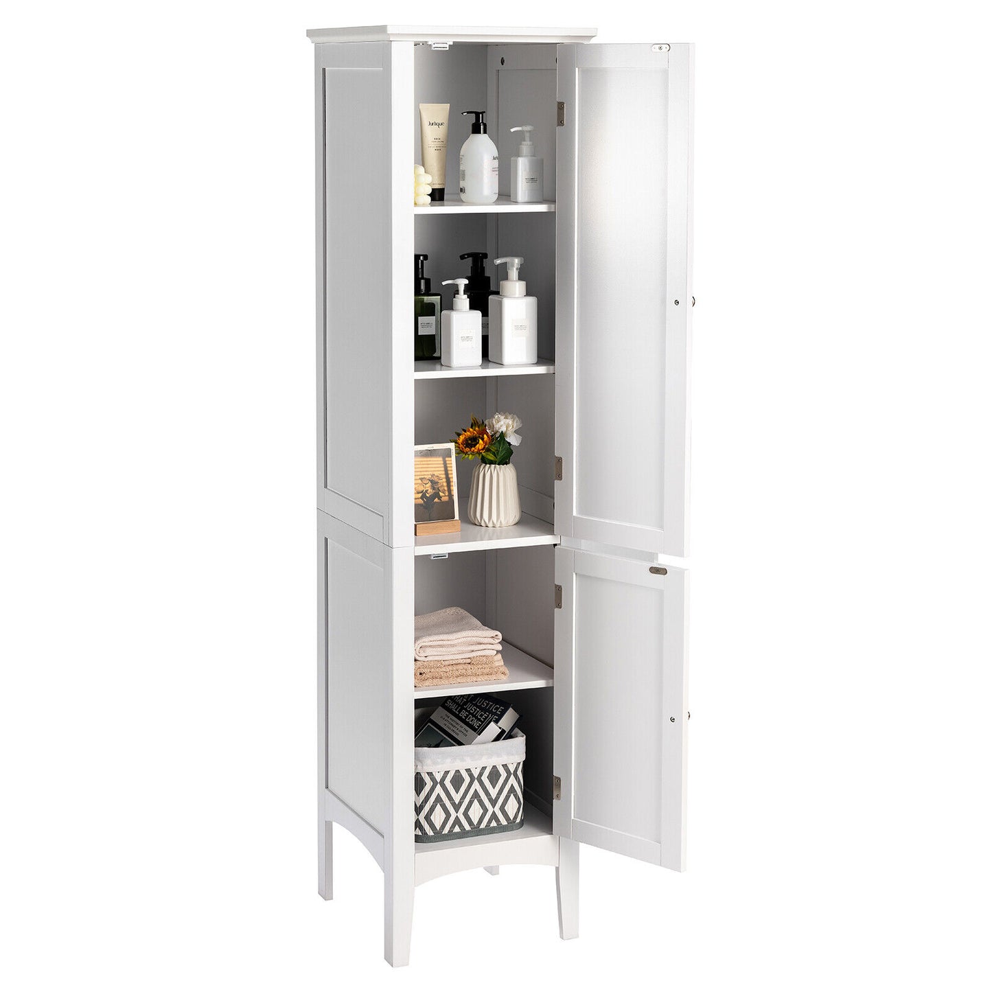 2-Door 160cm High Freestanding Bathroom Cabinet with 5-Tier Shelves-Brown