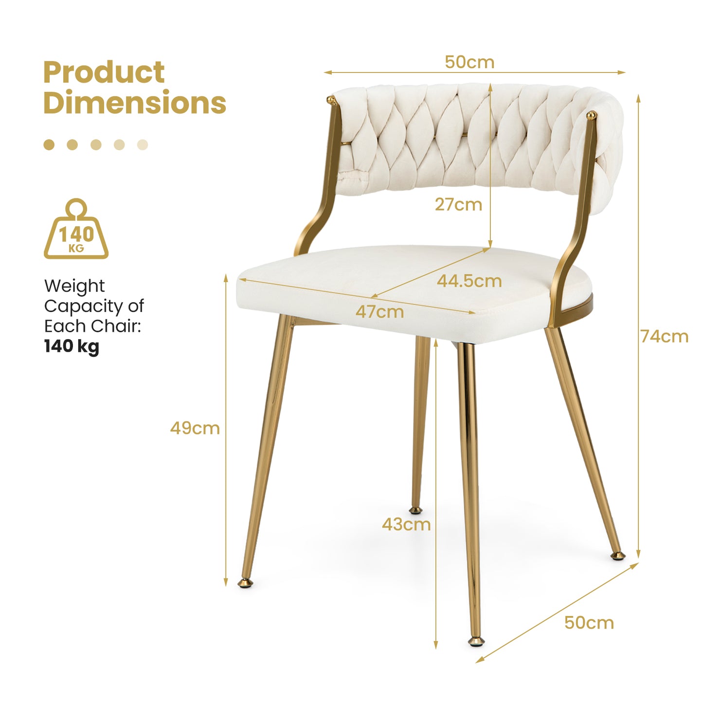 Set of 2 Velvet Dining Chair with Metal Legs and Woven Back-Grey