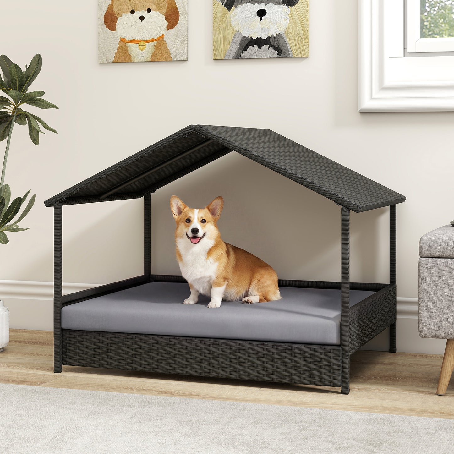 Wicker Dog House Outdoor Indoor with Canopy up to 60kg-Beige