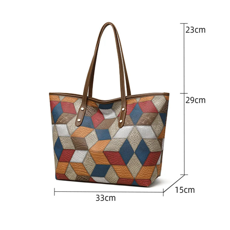 Women’s Patchwork Large Capacity Bag PU Leather Tote Shoulder Underarm Handbag
