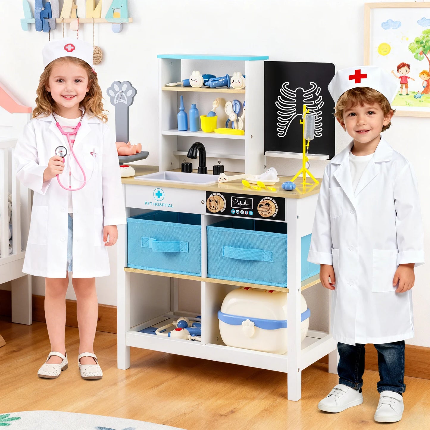 Wood Medical Center Toy Set with Blackboard and Pet Scale for Boys Girls-Pink
