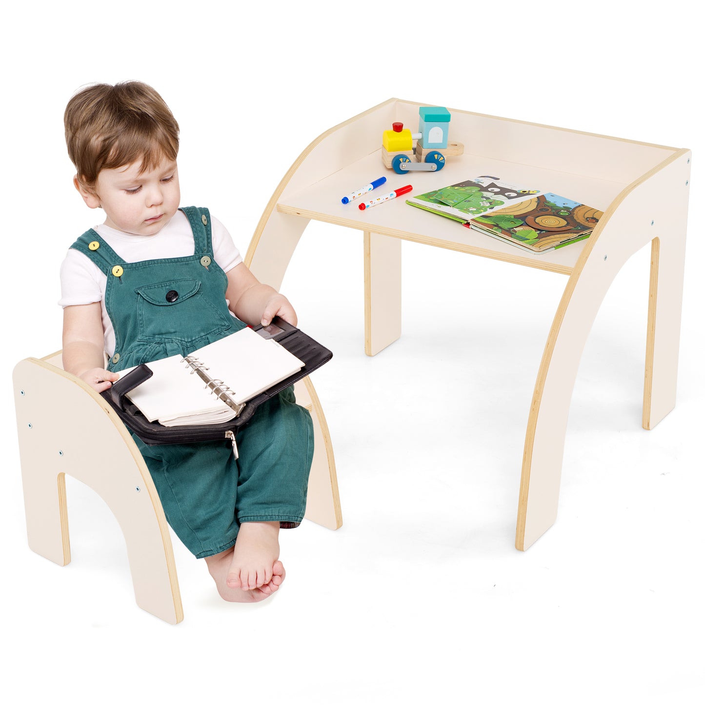 Wooded Toddler Kids Desk and Chair Set with Proper Height-Natural