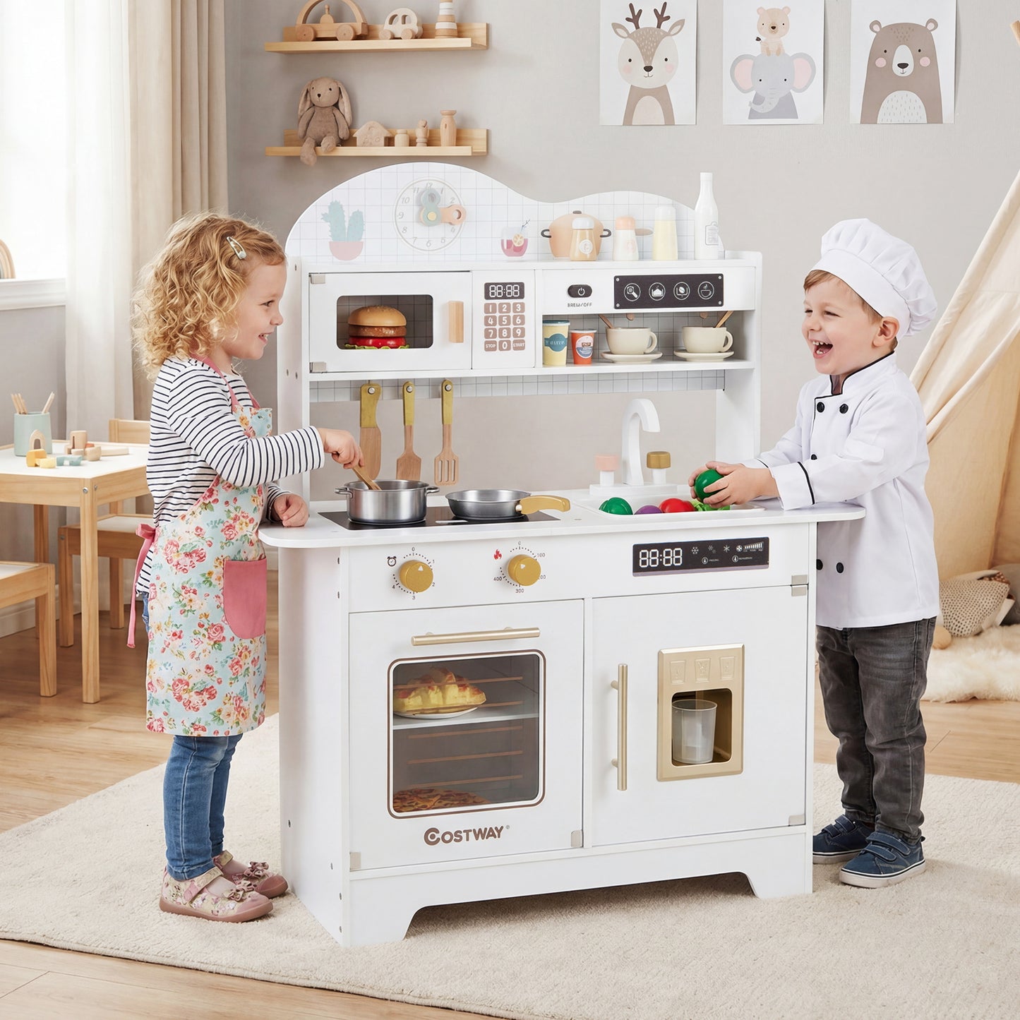 Wooden Toddler Play Kitchen with 17 Pieces Accessories-Pink