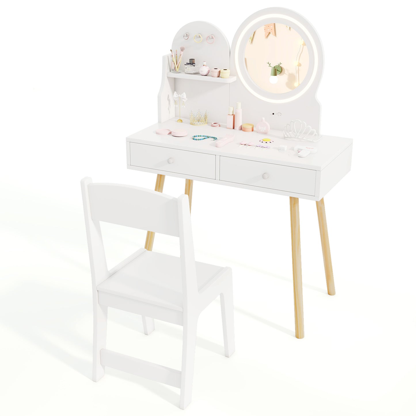 Wooden Kids Vanity Set with Lighted Mirror, Hooks and Storage Drawers-Pink