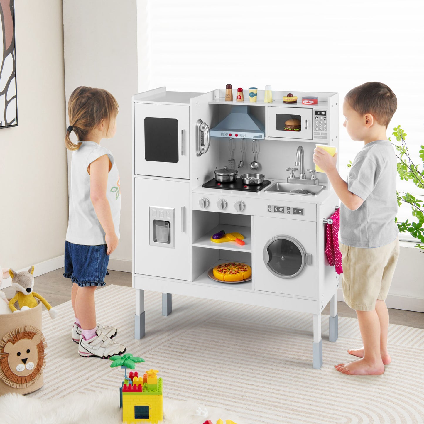 Wooden Kitchen Toy Set with 16 Pieces Accessories and Real Sounds-Pink