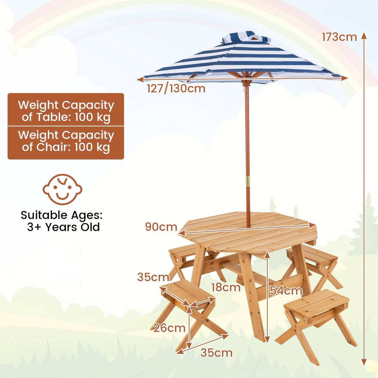 Wooden Kids Picnic Table Set with 4 Chairs and Adjustable Umbrella-Grey