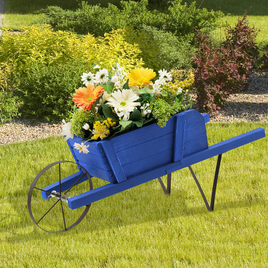 Wooden Wagon Planter Stand Wheelbarrow Flower Cart Garden Decoration-Blue