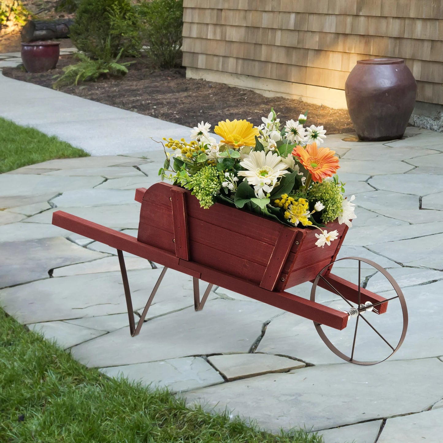 Wooden Wagon Planter Stand Wheelbarrow Flower Cart Garden Decoration-Blue