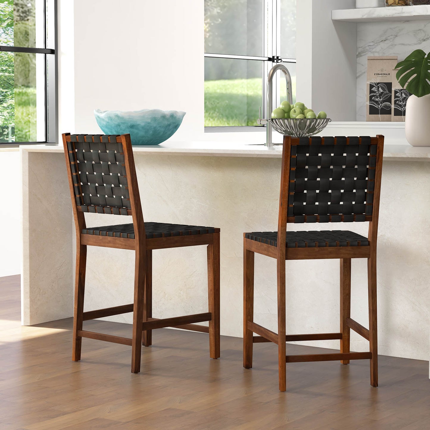 Woven Bar Stools Set of 4 with Faux PU Leather Straps-Black